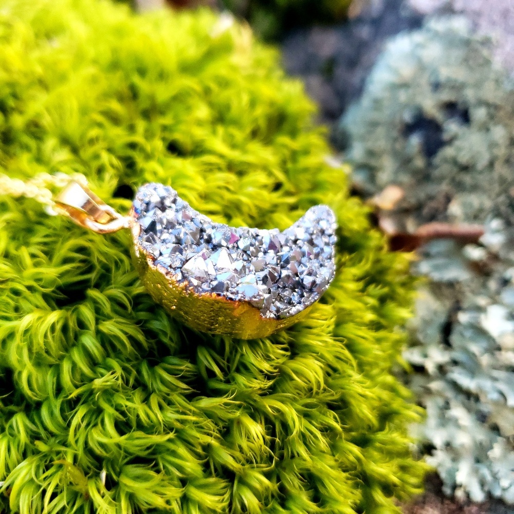 Celestial Crescent Moon Silver Druzy Necklace - image 6